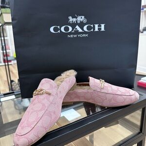 COACH Pink Signature Jacquard Fur-Lined Mules with Gold Hardware